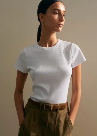 White ribbed t-shirt with cap sleeves