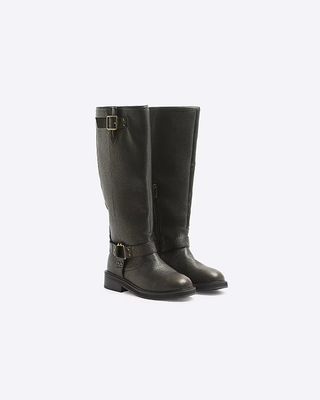 River Island, Dark Brown High Leg Biker Boots