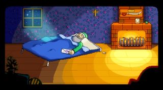 Stardew Valley mod - Grandpa lying in a bed with one broken leg.