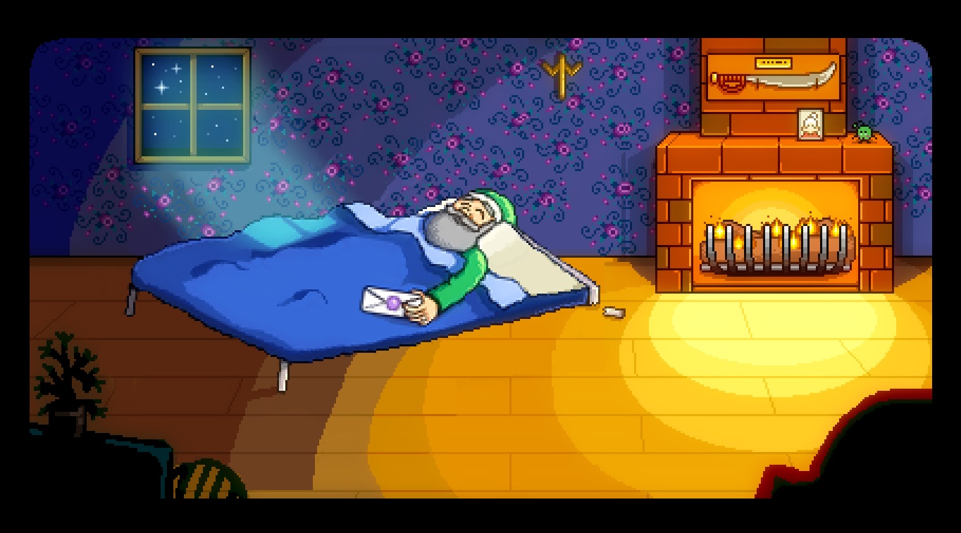 Stardew Valley against - Grandfather lying in a bed with a broken leg.