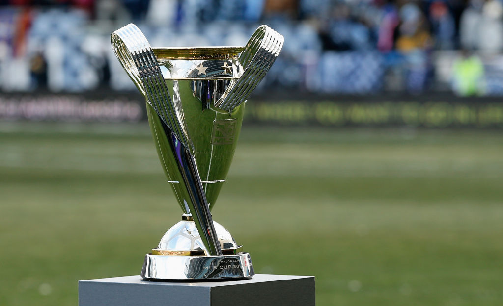 The Philip F. Anschutz trophy is seen on the field before the start of the match between Real Salt Lake and Sporting Kansas City in the 2013 MLS Cup at Sporting Park on December 7, 2013 in Kansas City, Kansas.