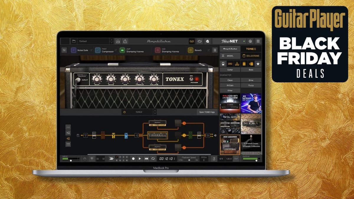 IK Multimedia Amplitube 5 running on a laptop