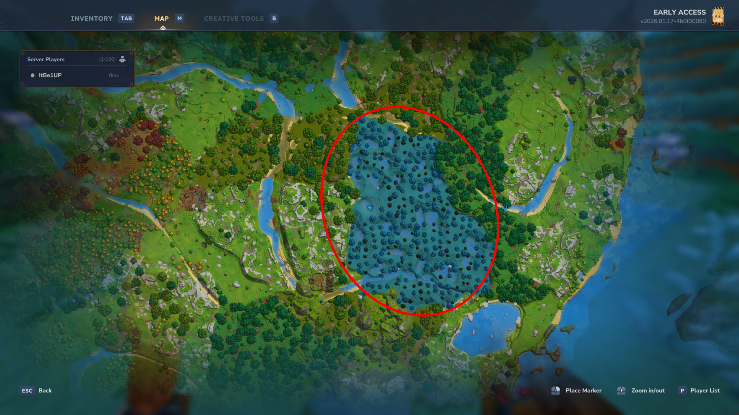 Hytale azure kelp: A map with a large red circle highlighting an azure forest.