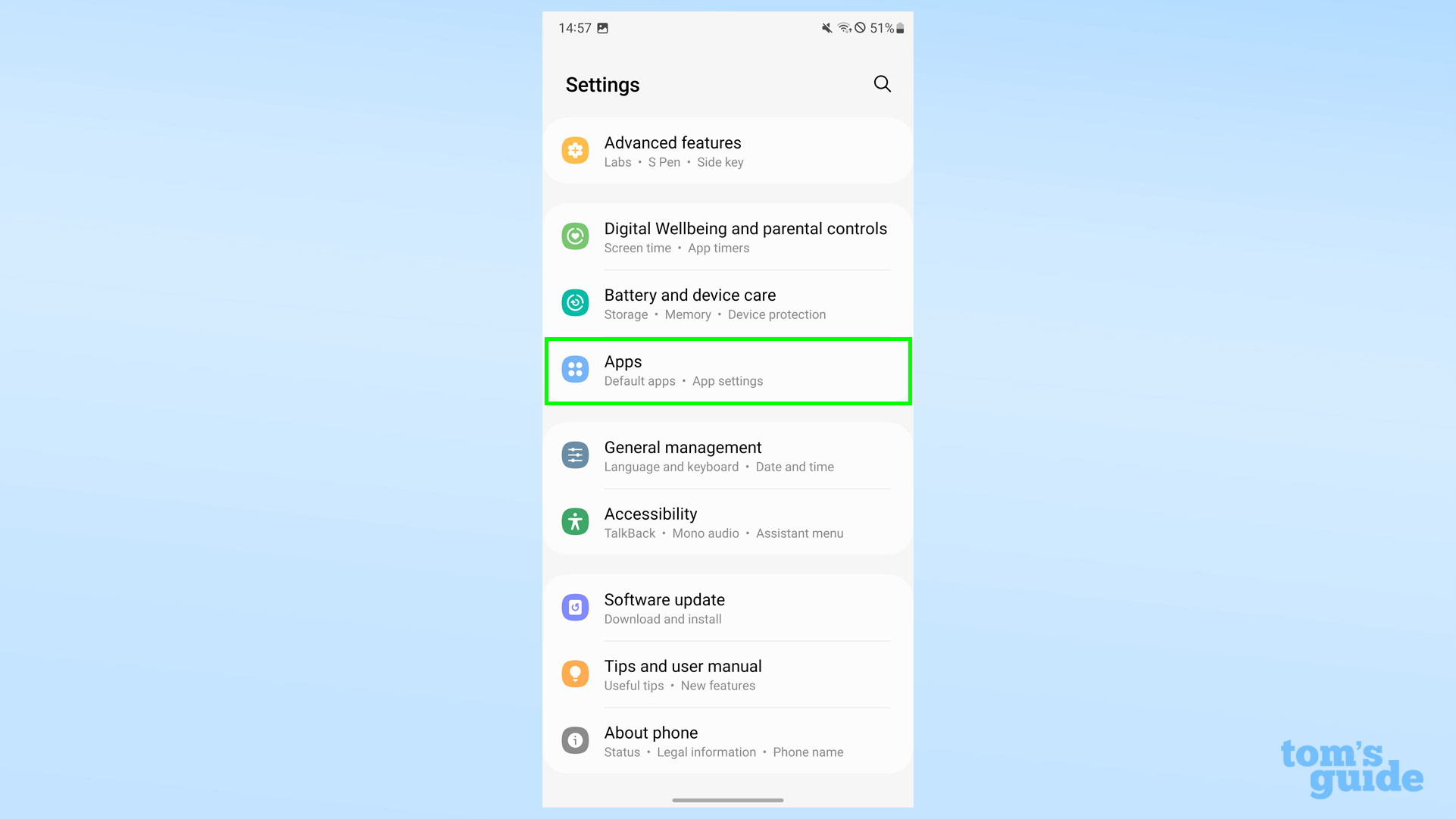 Скриншот Samsung Galaxy S23 Ultra, показывающий, где найти меню приложений в главном приложении «Настройки».