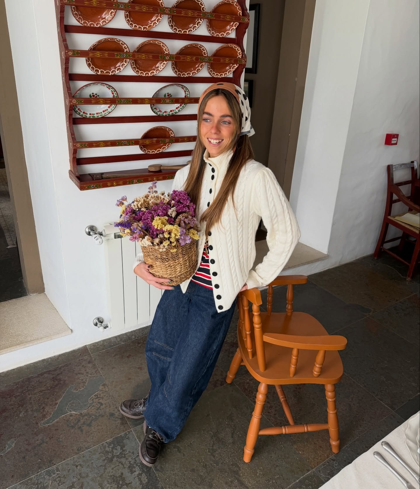 Mariana wearing the Zara funnel-neck cardigan