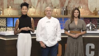 Judges Kristen Kish, Gail Simmons and Tom Collicchio in studio for Top Chef Season 21