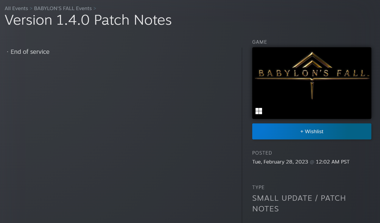 <div>And the award for the saddest patch notes ever goes to Babylon's Fall</div>