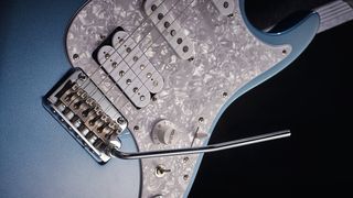 Angled shot of an Ibanez AZ model in a blue finish
