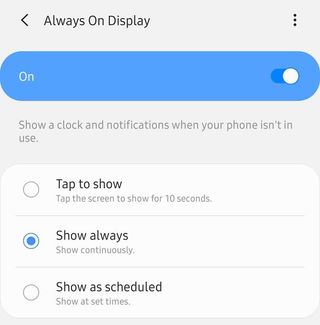 Always On Display settings on Samsung One UI 2