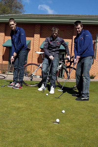 Putting out (L-R): Ben Dyball, Patrick Shaw and Cameron Peterson - all from Virgin Blue/RBS Morgans - get in some practice on the putting green at Launceston's Country Club Casino ahead of the 2010 Tour of Tasmania.