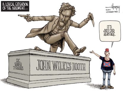 Political cartoon U.S. Confederate monuments John Wilkes Booth gun control