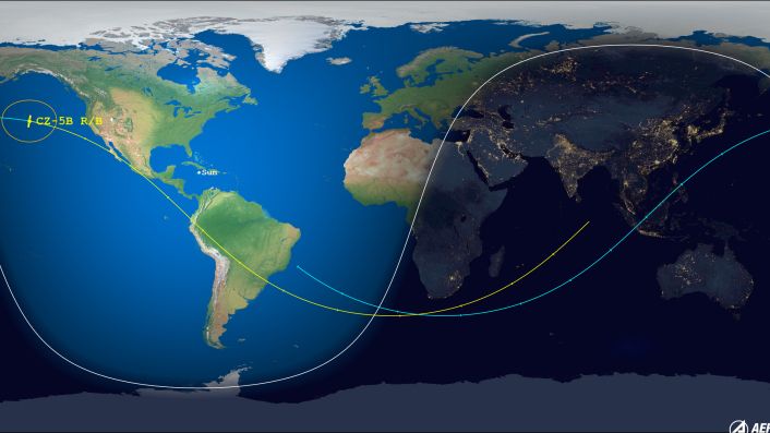 Graphic of the reentry location for China&#039;s Long March 5B rocket in the north Pacific Atlantic Ocean on July 30, 2022.