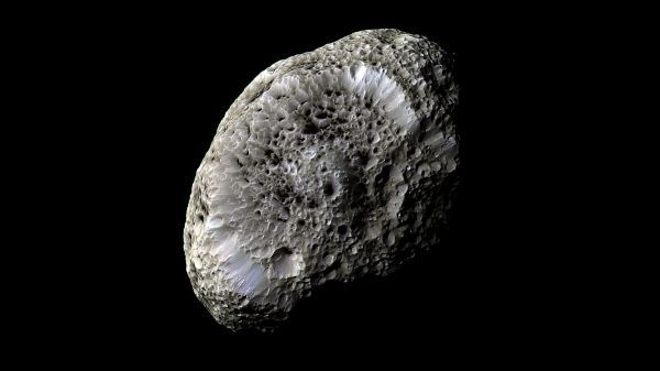 False-color image of Hyperion captured during Cassini&#039;s flyby on September 26 2005.