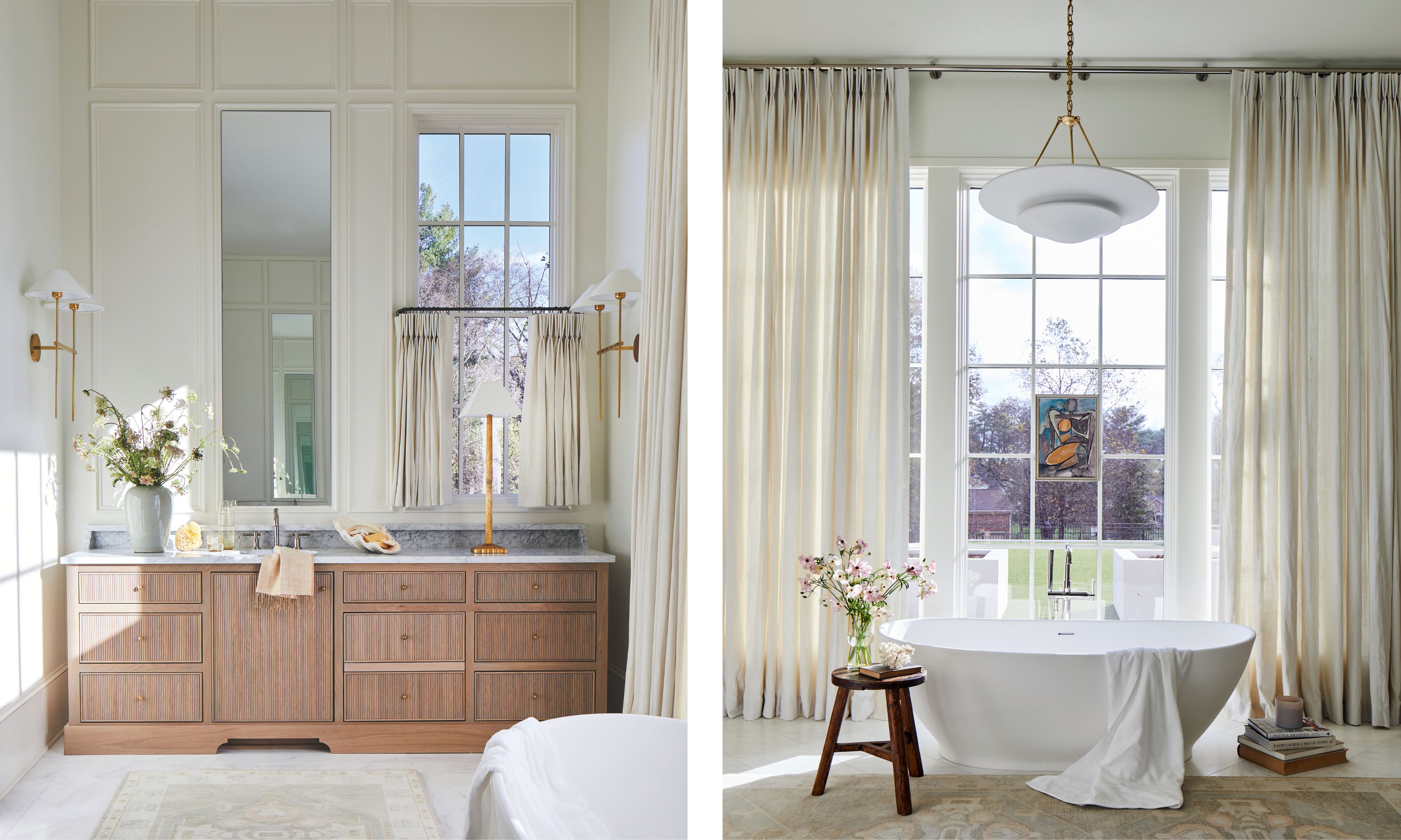 Two images of the same serene bathroom. The left hand image is of the vanity area with a wooden reeded vanity and gray marble countertop. The right hand image is of the other side of the bathroom were there is a large freestanding bath in front of a window with long cream drapes