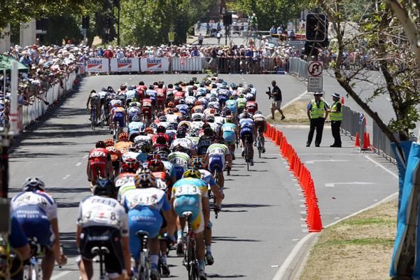 Riders bunch up as the break is caught on the final lap.