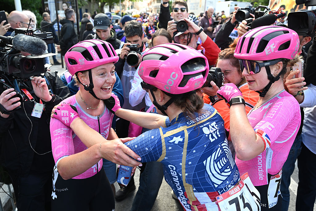 Cedrine Kerbaol celebrates with her EF Education-Oatly team mates react after winning stage 3 of the 2026 La Vuelta Femenina in A Coruna. (Photo by Szymon Gruchalski/Getty Images)