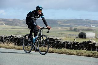 I had the chance of catching up with Ian Stannard on a training ride just after his Omloop Het Nieuwsbald win back in March. He used some roads I know well from cycling them myself, so I just like this picture because it's local to me up near Tideswell with Great Hucklow and the behind escarpement as a back drop. The weather was bright, the light was nice and it is just a nice picture of a top pro out enjoying riding the bike.