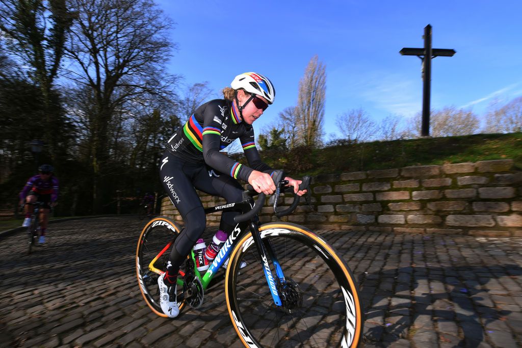 OUDENAARDE BELGIUM FEBRUARY 23 Anna Van Der Breggen of The Netherlands and Team SD Worx during the Team SDWorx 16th Omloop Het Nieuwsblad 2021 Training Team Presentation Wall of Geraardsbergen Mur de Huy De Muur Cobblestones teamsdworx OmloopHNB OHN21 on February 23 2021 in Oudenaarde Belgium Photo by Luc ClaessenGetty Images
