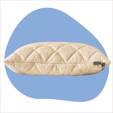 The Woolroom Natural Latex Washable Wool Pillow on a blue background