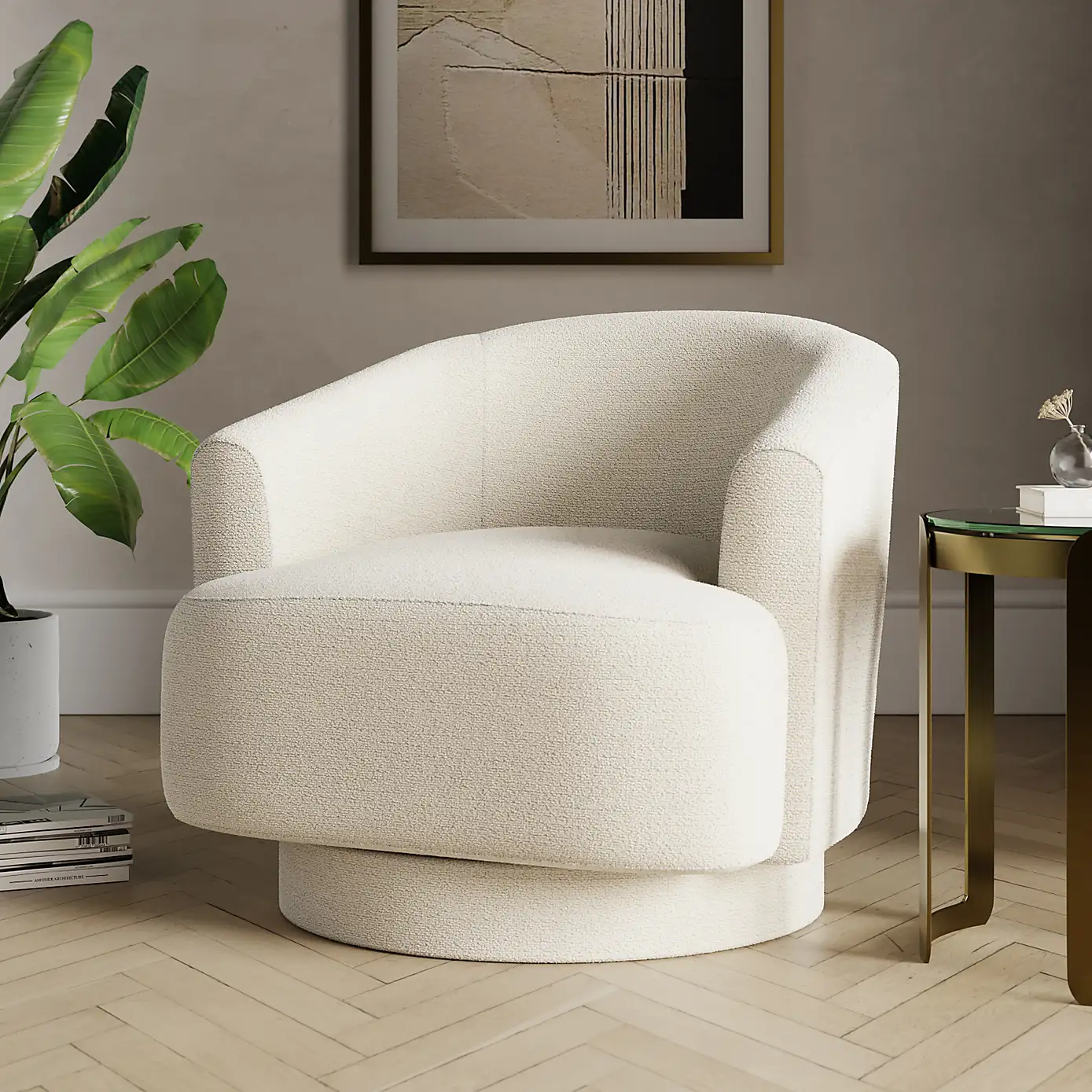 Dunelm, Carmen Curved Ivory Chunky Chenille Swivel Chair