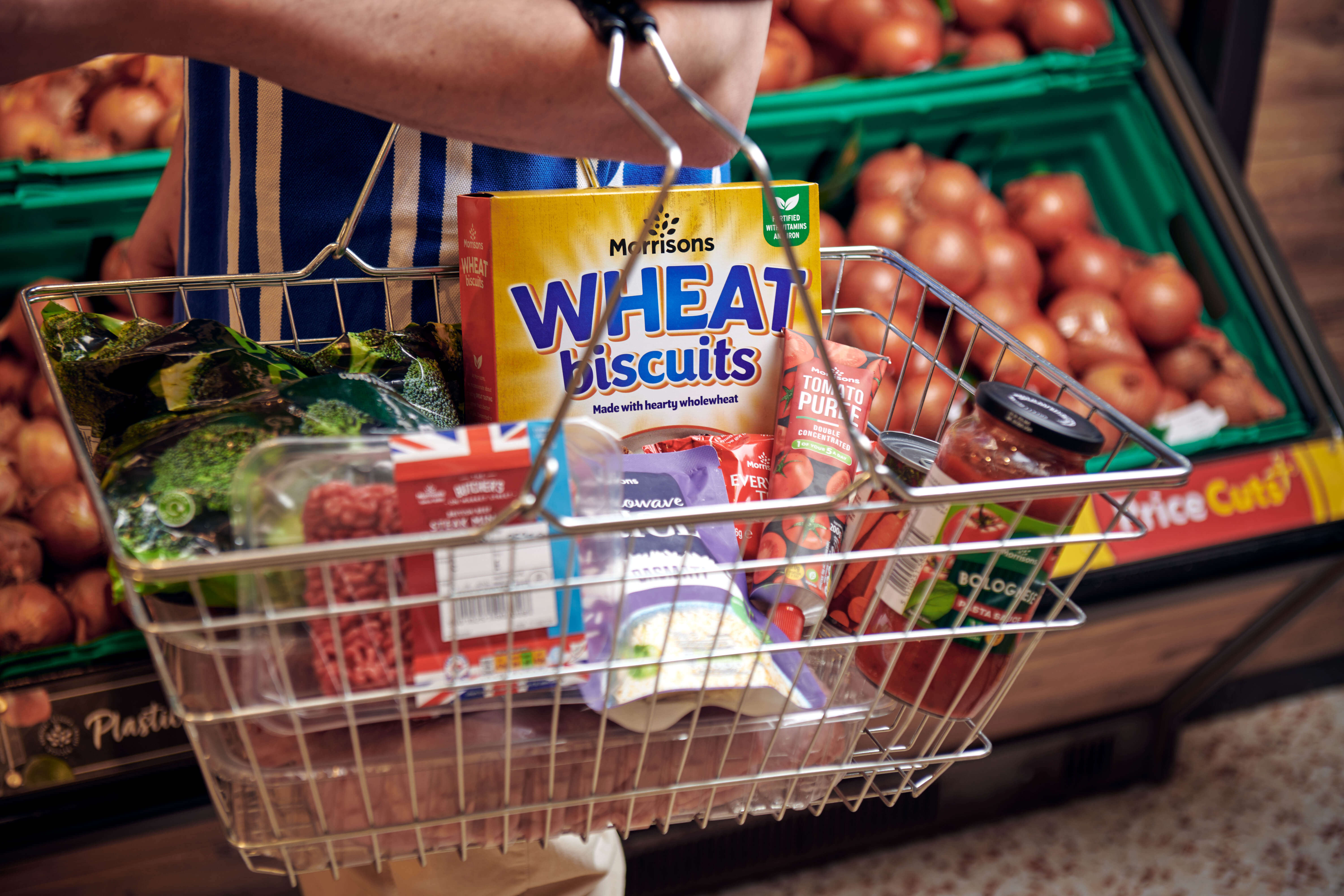 A basket filled with Morrisons brand products