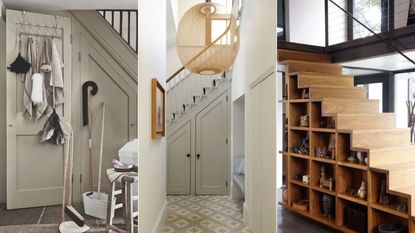 Hall, under stairs storage cupboards, assorted cleaning utensils, broom, dustpan and brush, bucket and mop, duster | View down a hallway at a closed closet under the stairs | Wooden stairs with storage shelves