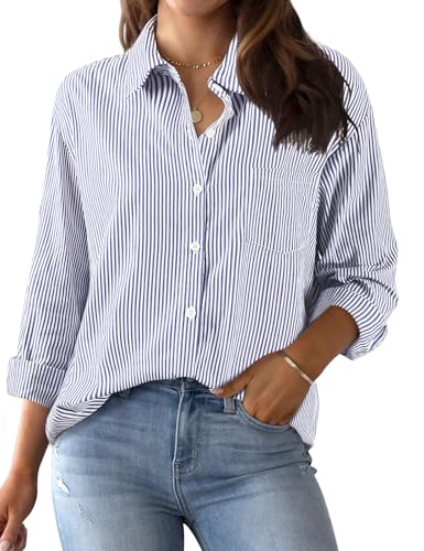 Xnova Women's Striped Button Down Shirts Collared, Classic Cotton Blouse Tops V Neck With Pocket, Long Sleeve Pinstripes Oversized Blouses T-Shirts Office Work Casual (blue, Xl)