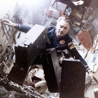 Soyuz 31 research cosmonaut Sigmund Jähn seen floating aboard the Soviet Union's Salyut 6 space station in August 1978.