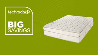 Saatva mattress on green background with big savings text overlay