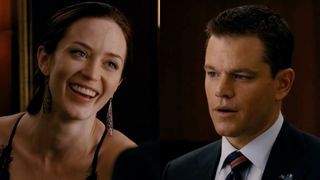 Emily Blunt smiling at Matt Damon in The Adjustment Bureau. 