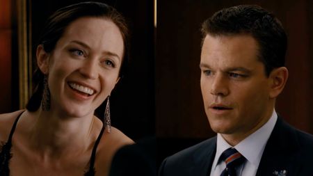 Emily Blunt smiling at Matt Damon in The Adjustment Bureau. 