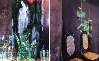 Coloured glass vases & wicker chairs