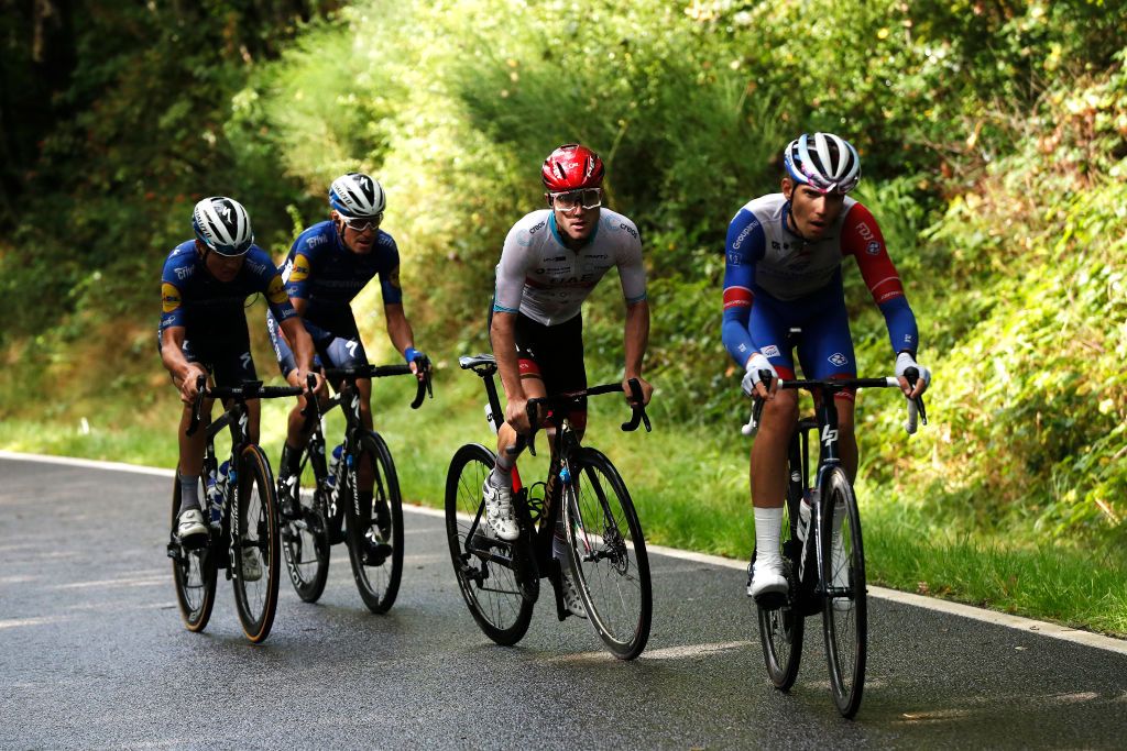 ESCHSURSRE LUXEMBOURG SEPTEMBER 15 Marc Hirschi of Switzerland and UAE Team Emirates white best young rider jersey competes during the 81st SkodaTour De Luxembourg 2021 Stage 2 a 1861km stage from Steinfort to EschSurSre Eschdorf 504m skodatour skodatour on September 15 2021 in EschSurSre Luxembourg Photo by Bas CzerwinskiGetty Images