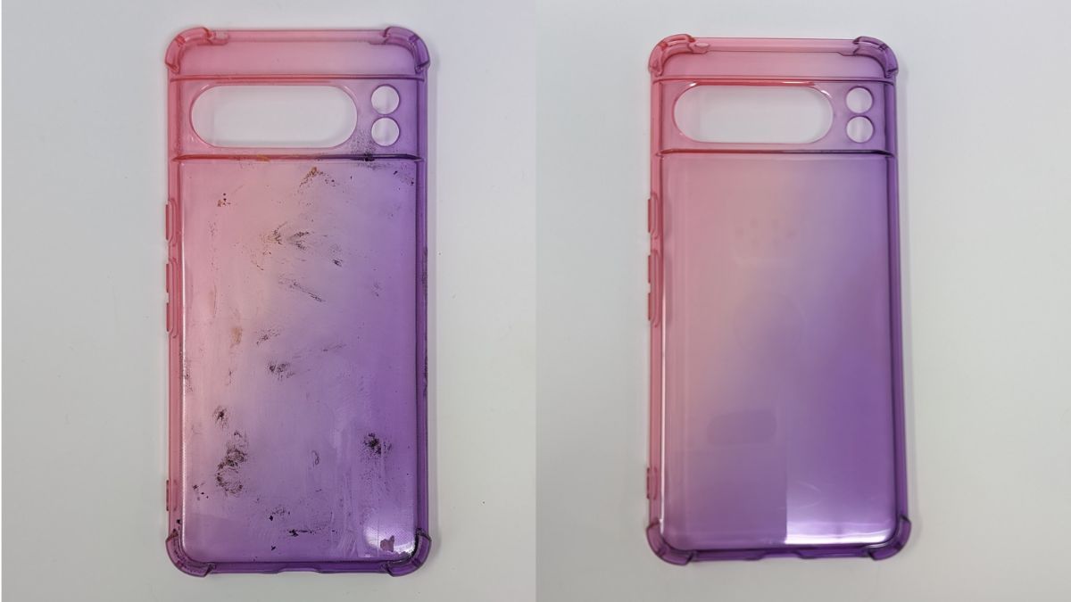 Before and after shots of a clear pink phone case, left picture shows a dirty case and the right picture shows a clean case