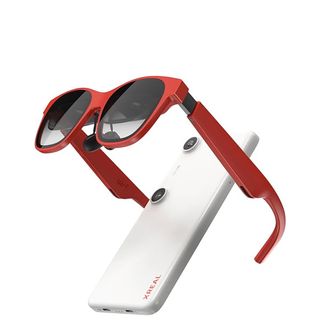 A render of XREAL Air 2 smart glasses and an XREAL Beam Pro