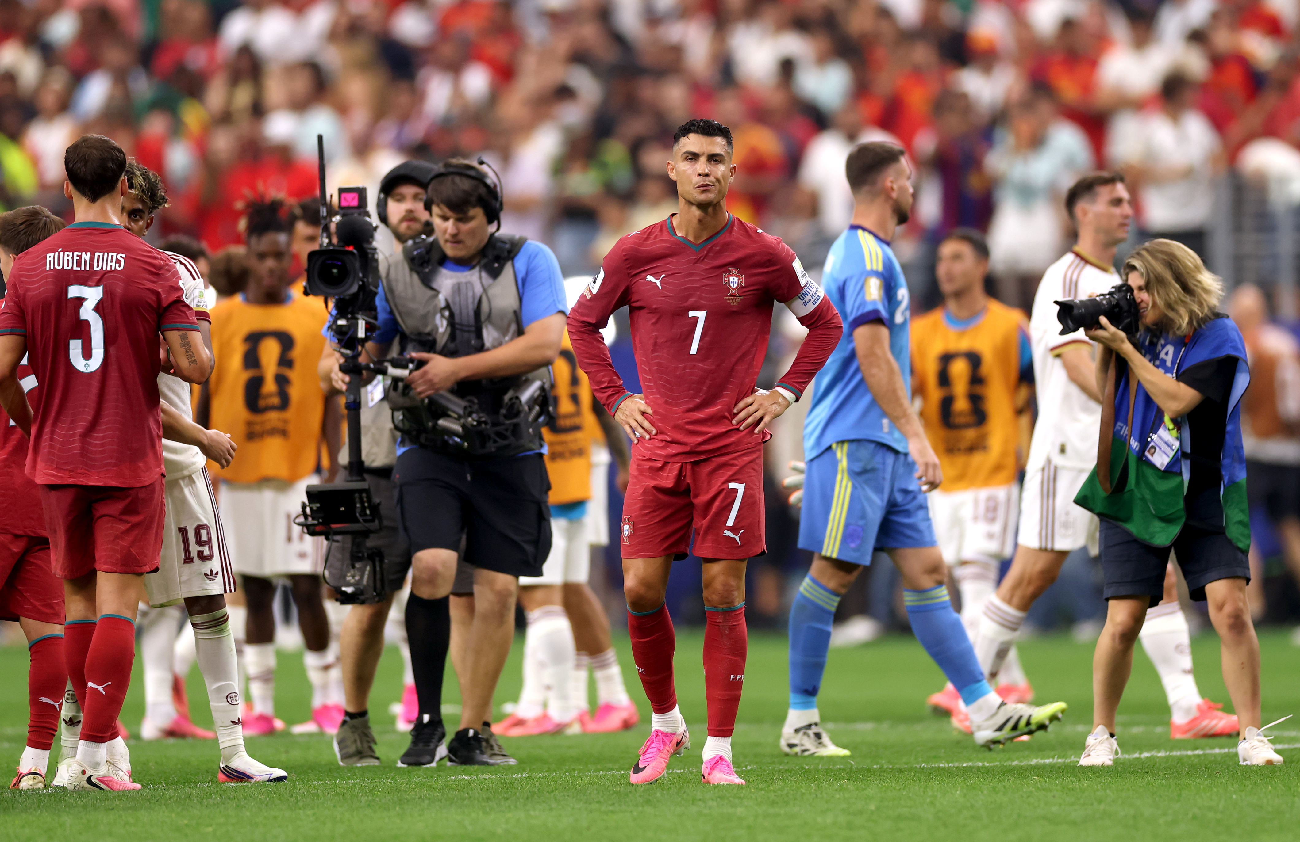 ARLINGTON, TEXAS - JULY 06: Cristiano Ronaldo #7 of Portugal shows dejection after the team&amp;amp;apos;s 0-1 defeat in the FIFA World Cup 2026 Round of 16 match between Portugal and Spain at Dallas Stadium on July 06, 2026 in Arlington, Texas. (Photo by Lars Baron/Getty Images)