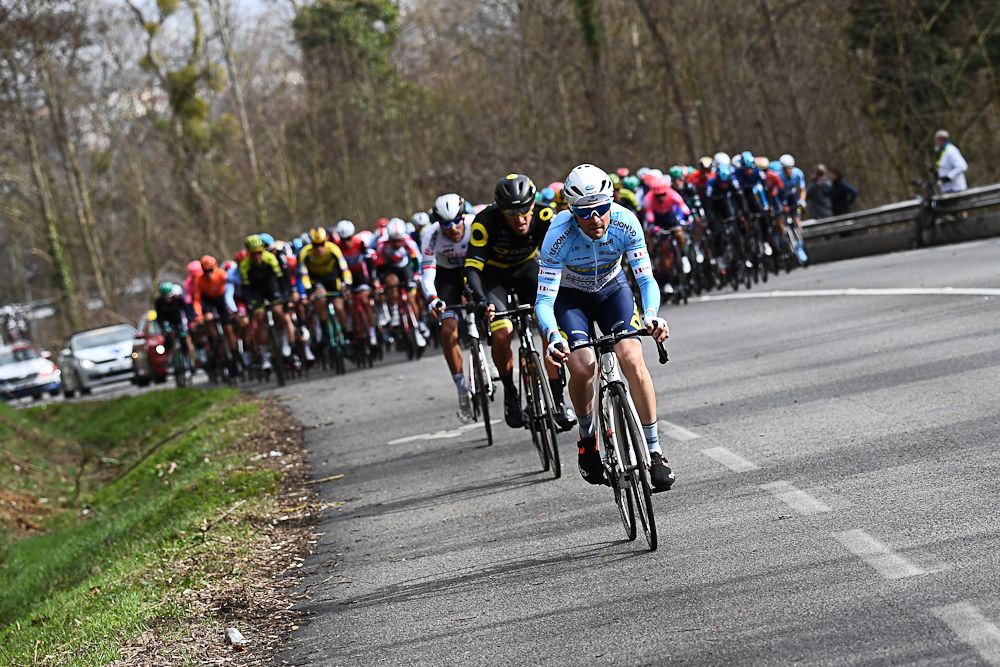 Delko Marseille Provence's Romain Combaud, Direct Energie's Damien Gaudin and Team Arkea-Samsic's Amael Moinard break clear during stage 1 in Paris-Nice