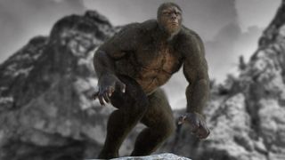 Illustration of Bigfoot, a massive, gorilla-like creature covered in dark fur, standing on a rocky mountain.