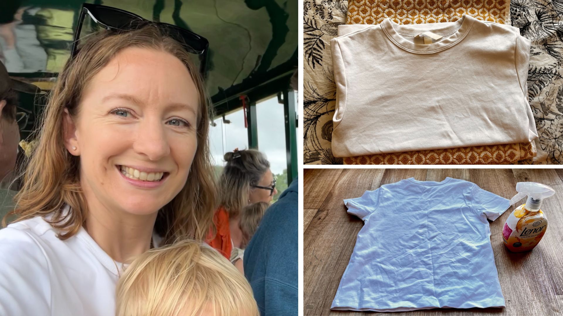 A collage shows Left: Ella Taylor on holiday, wearing a white t-shirt. Top-right: the t-shirt folded on top of a towel. Bottom-right: the creased t-shirt next to a bottle of crease release spray
