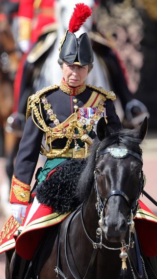 Princess Anne, Princess Royal rides horseback during the Trooping the Colour