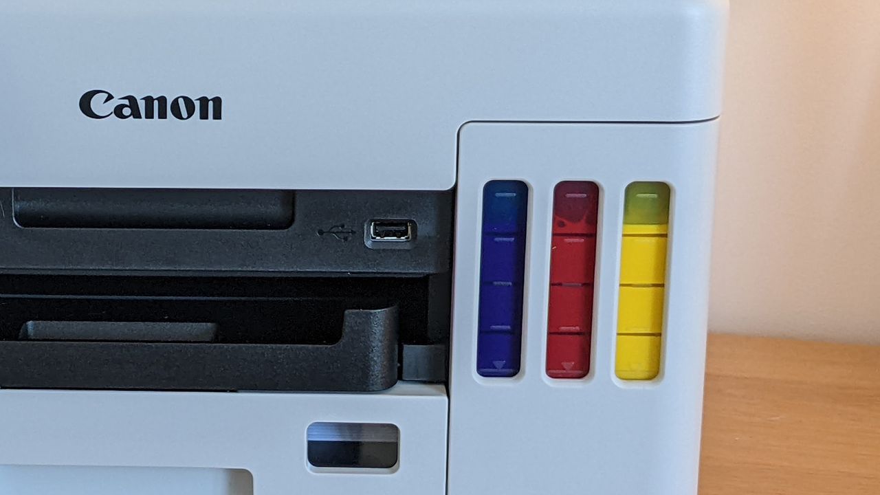 A closeup of the Canon MAXIFY GX70505's ink tank window