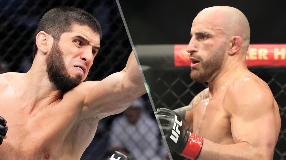 (L to R) Islam Makhachev and Alexander Volkanovski will headline the UFC 284 live stream