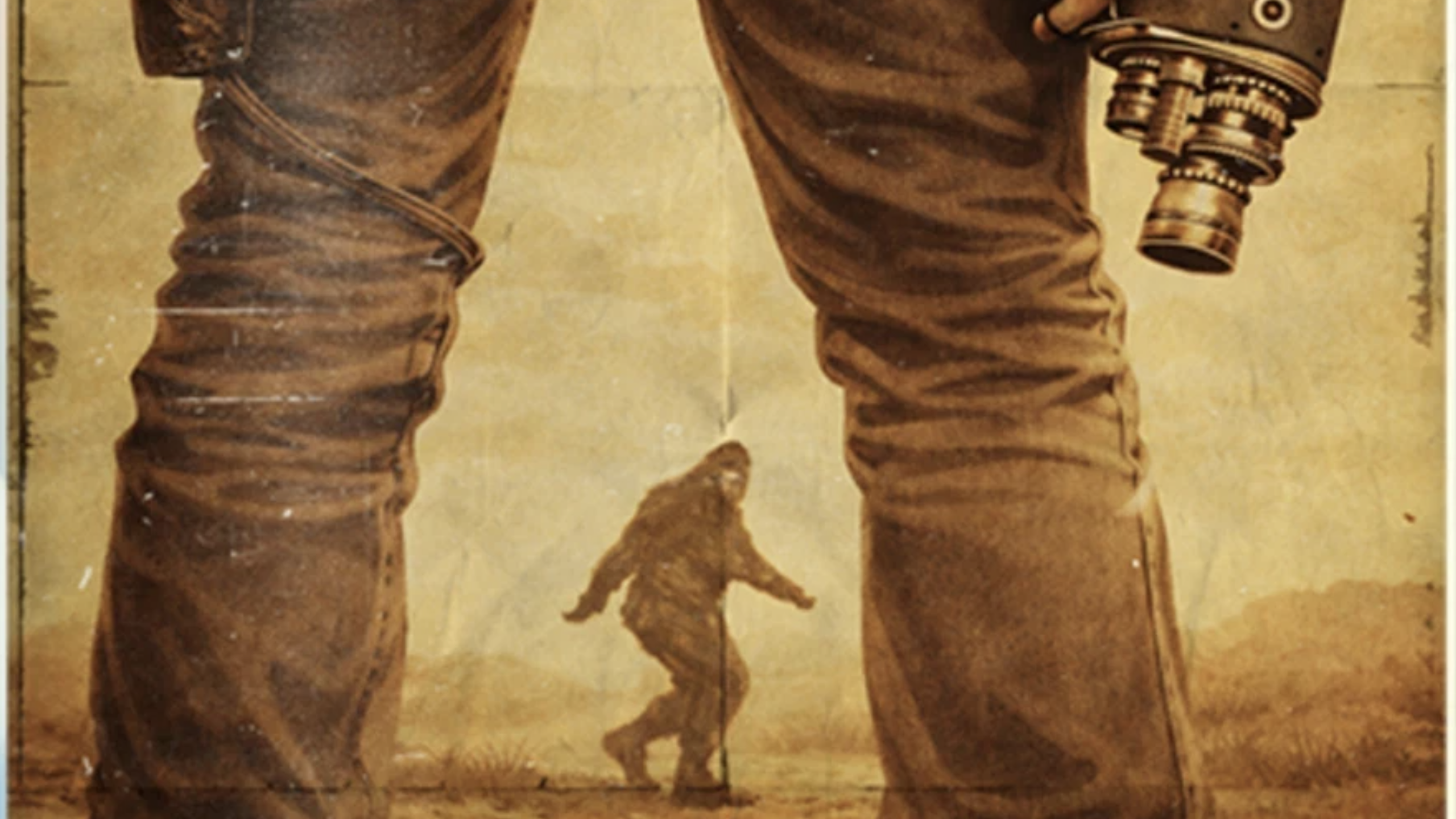 Drawing of Bigfoot walking between legs of man holding 16mm film camera 