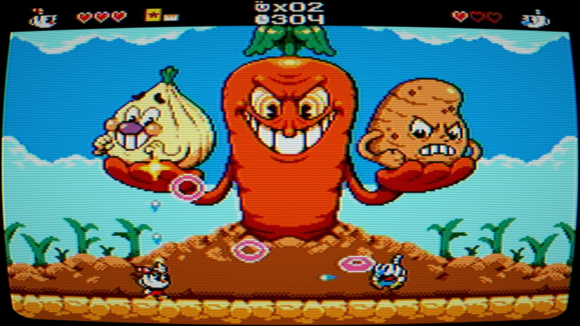 In 8-bit platformer Cuphead Mighty Adventure, a boss fight ensues against a big carrot holding two onions