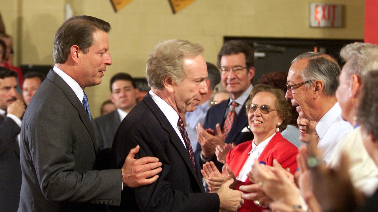 Al Gore and Joe Lieberman at a rally