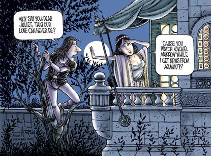 Political cartoon U.S. Romeo and Juliet Maddow Hannity media bias party politics