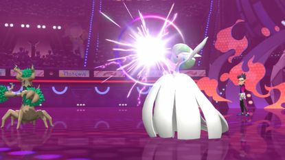 Pokemon Champions trailer screenshot shows a Gardevoir attacking alongside a Trevenant.