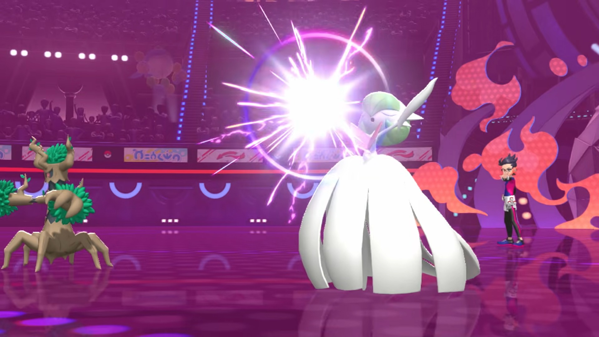 Pokemon Champions trailer screenshot shows a Gardevoir attacking alongside a Trevenant.