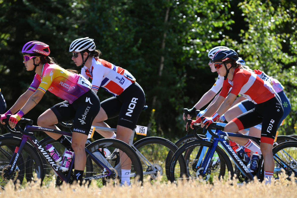 NOREFJELL NORWAY AUGUST 13 LR Elena Cecchini of Italy and Team SD Worx Malin Eriksen of Norway and Team Norway and Cecilie Uttrup Ludwig of Denmark and Team FDJ Nouvelle Aquitaine Futuroscope compete during the 8th Tour of Scandinavia 2022 Battle Of The North Stage 5 a 1274km stage from Vikersund to Norefjell 791m UCIWWT tourofscandinavia TOSC22 on August 13 2022 in Norefjell Norway Photo by Luc ClaessenGetty Images