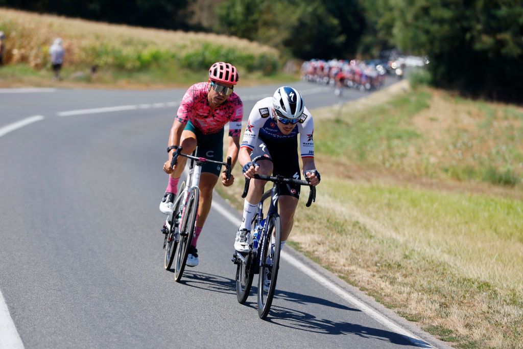 LAGNIEU FRANCE AUGUST 10 LR Stefan Bissegger of Switzerland and Team EF Education Easypost and Rmi Cavagna of France and Team QuickStep Alpha Vinyl attack during the 34th Tour de lAin 2022 Stage 2 a 144km stage from SaintVulbas to Lagnieu TDA22 on August 10 2022 in Lagnieu France Photo by Bas CzerwinskiGetty Images